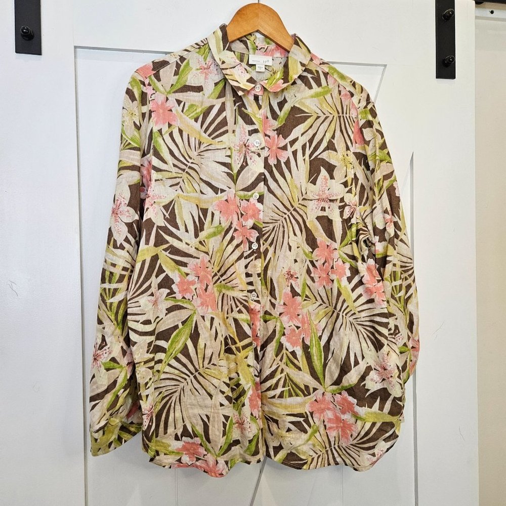 J. Jill Shiitakest Size Large Tropical Floral Love Linen Button Down Shirt